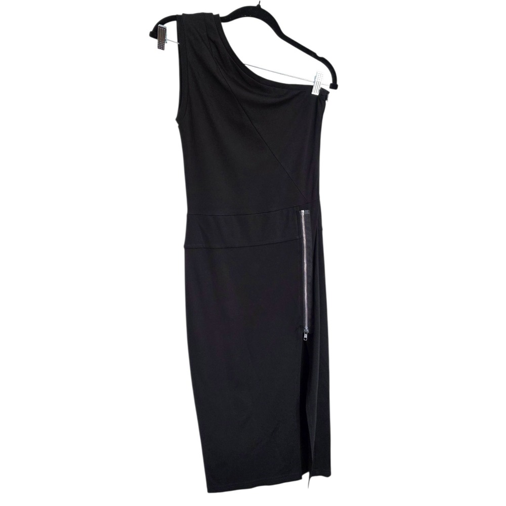 Cara Cheung Black One Shoulder Bodycon Knit Zipper Slit Midi‎ Dress Small